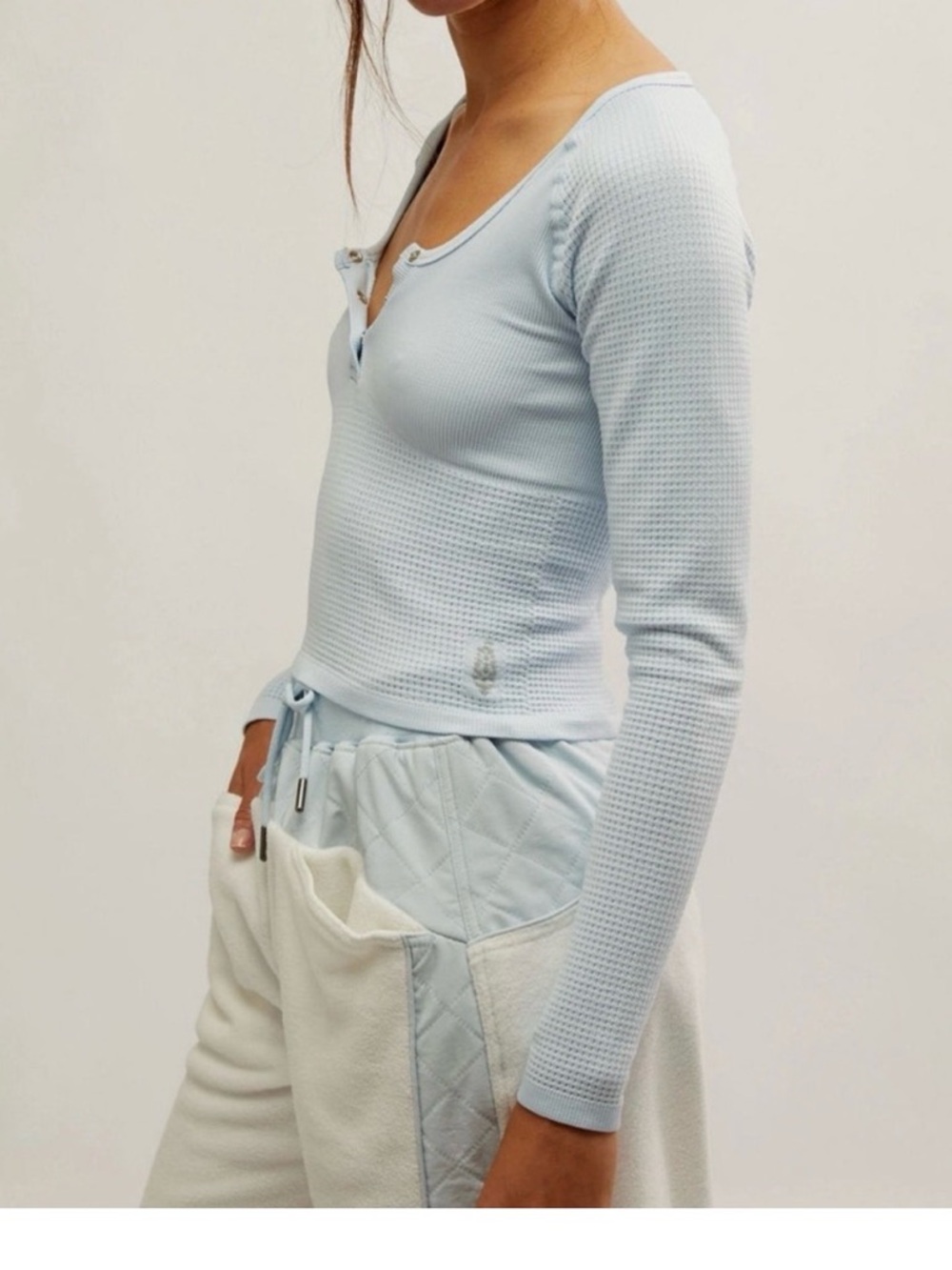 NWT Free People Light Blue Waffle Henley Crop Long-Sleeve Top - Picture 2 of 7